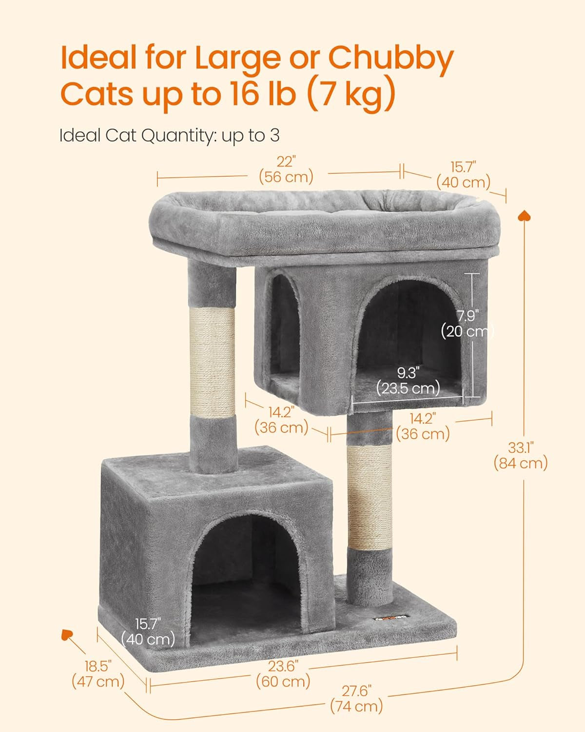 Cat Tree for Large Cats, Cat Tower 2 Cozy Plush Condos and Sisal Posts