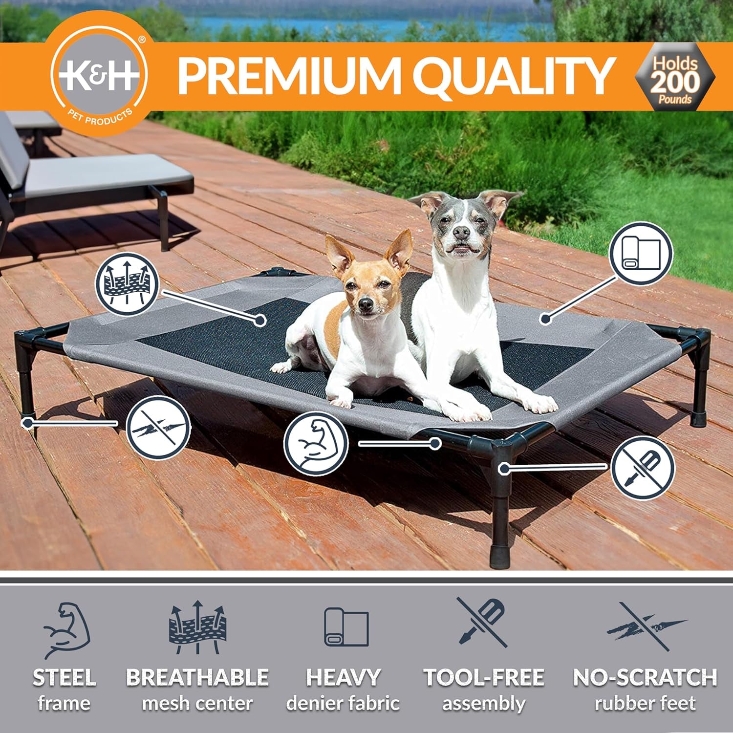 Original Pet Cot Elevated Dog Bed Gray/Black Mesh Large 30 X 42 X 7 Inches