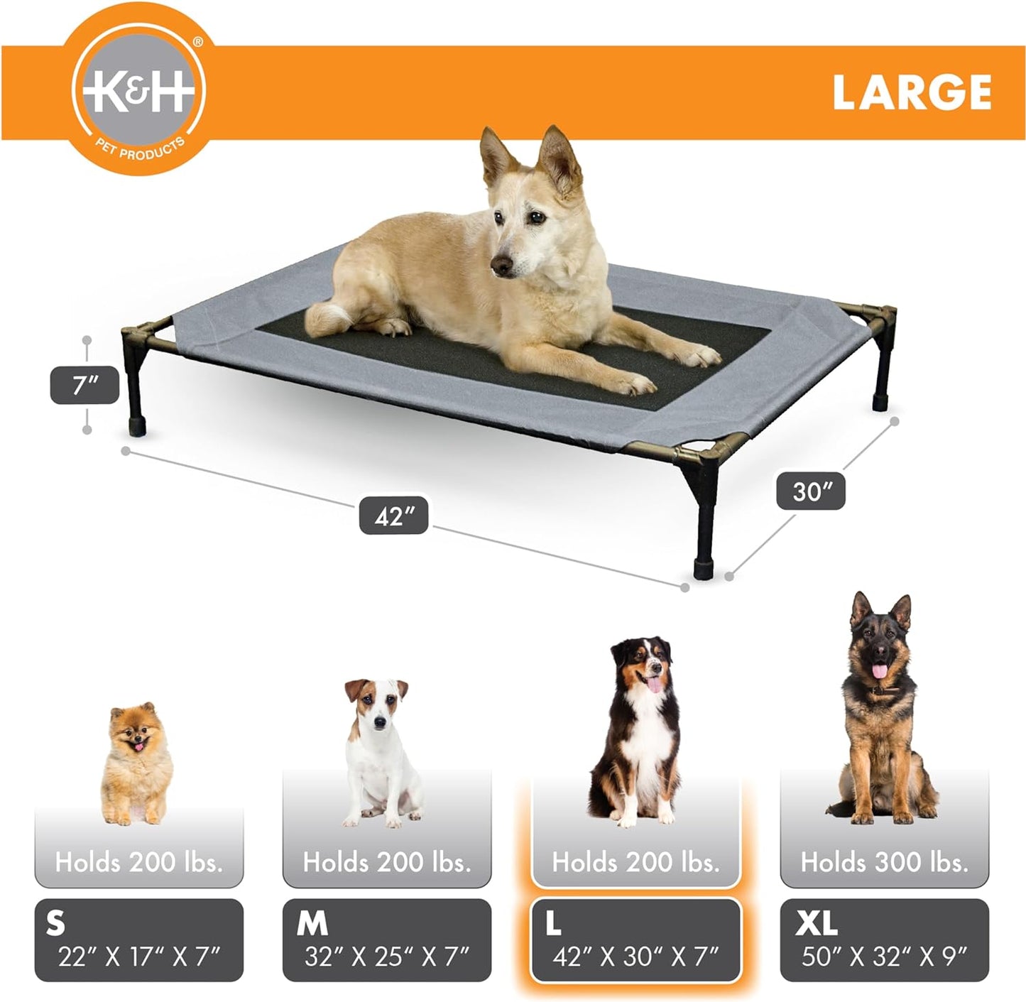Original Pet Cot Elevated Dog Bed Gray/Black Mesh Large 30 X 42 X 7 Inches